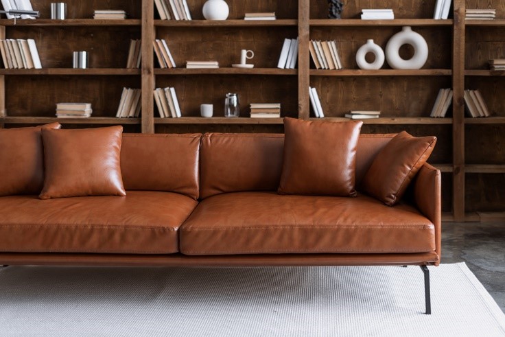 brown leather couch inside with bookshelf