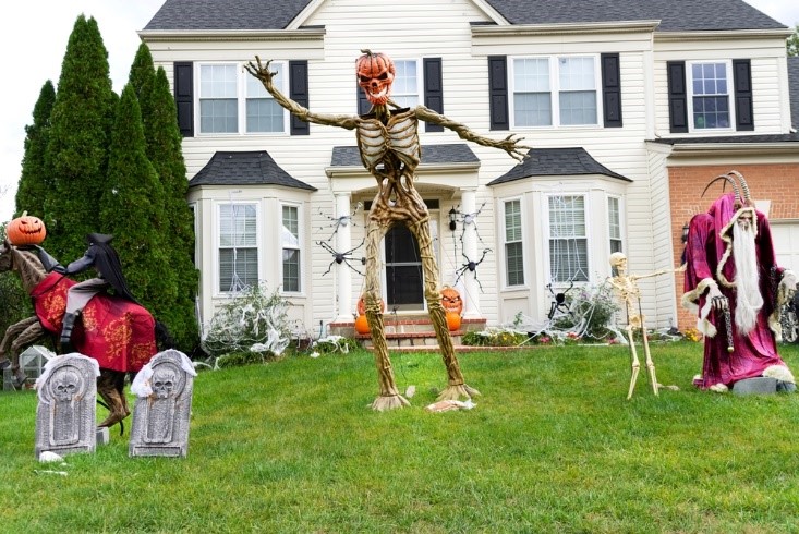 giant skeleton with halloween decorations