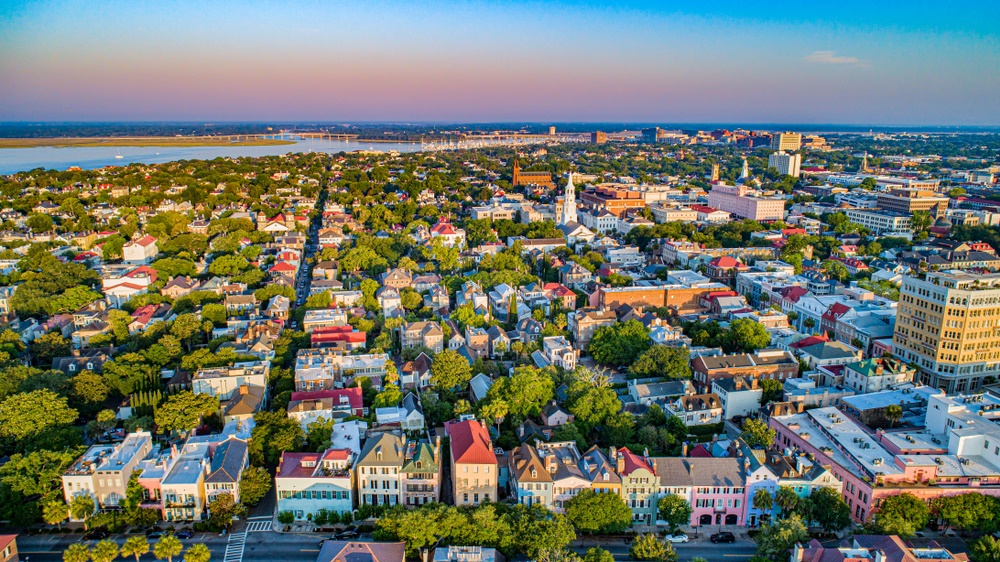 Aerial view of Charleston during a sunrise