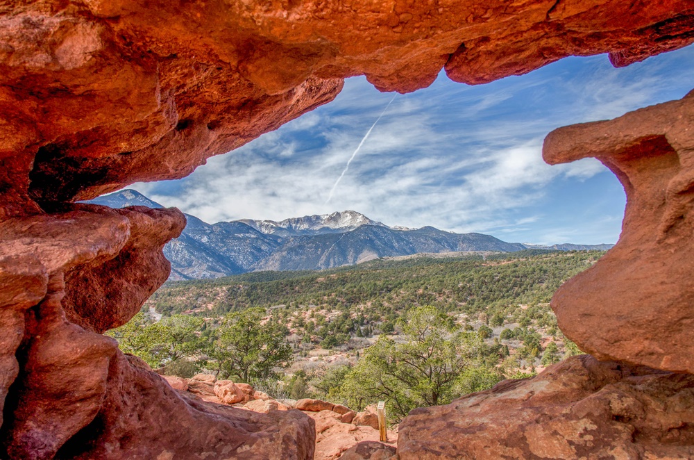 View of Pikes Peak from the inside of a natural rock formation